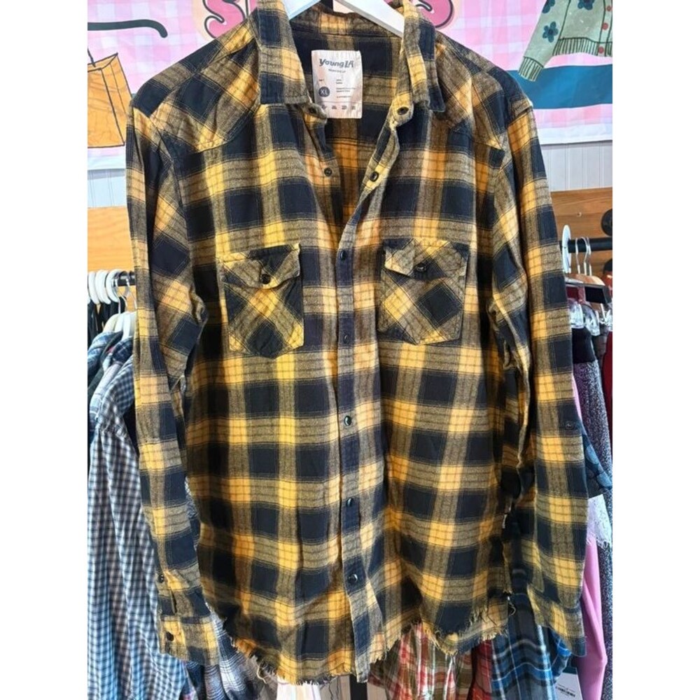 YoungLA XL 100% cotton plaid long sleeve flannel yellow + black